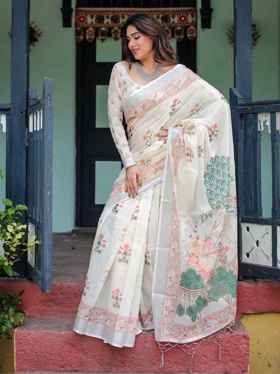 Multi Linen Cotton Printed Festival Wedding Fancy Heavy Border Saree