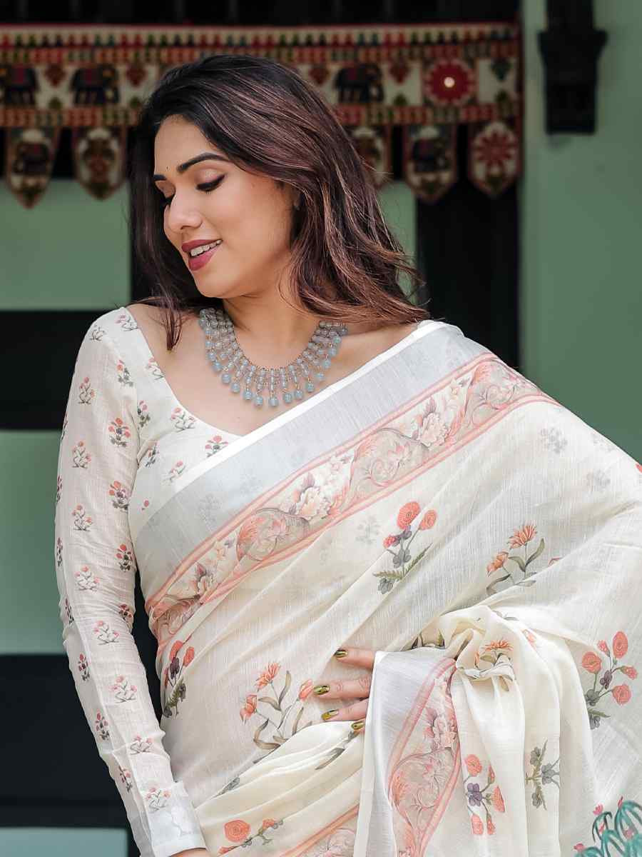 Multi Linen Cotton Printed Festival Wedding Fancy Heavy Border Saree