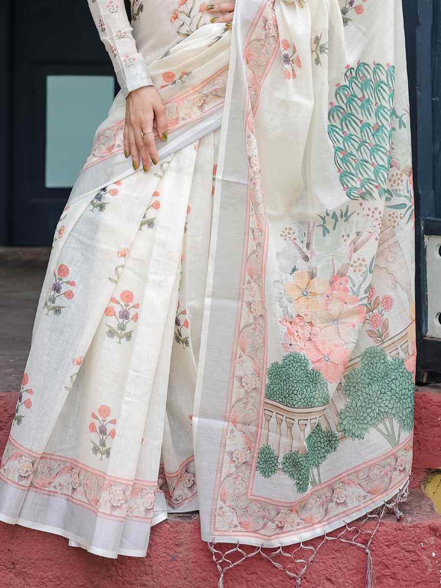 Multi Linen Cotton Printed Festival Wedding Fancy Heavy Border Saree
