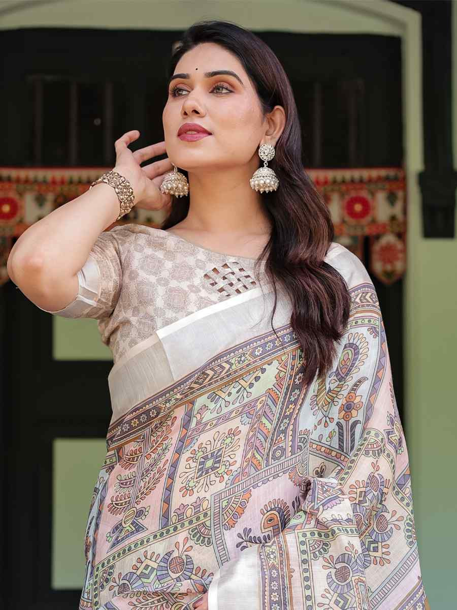 Multi Linen Cotton Printed Festival Wedding Fancy Heavy Border Saree