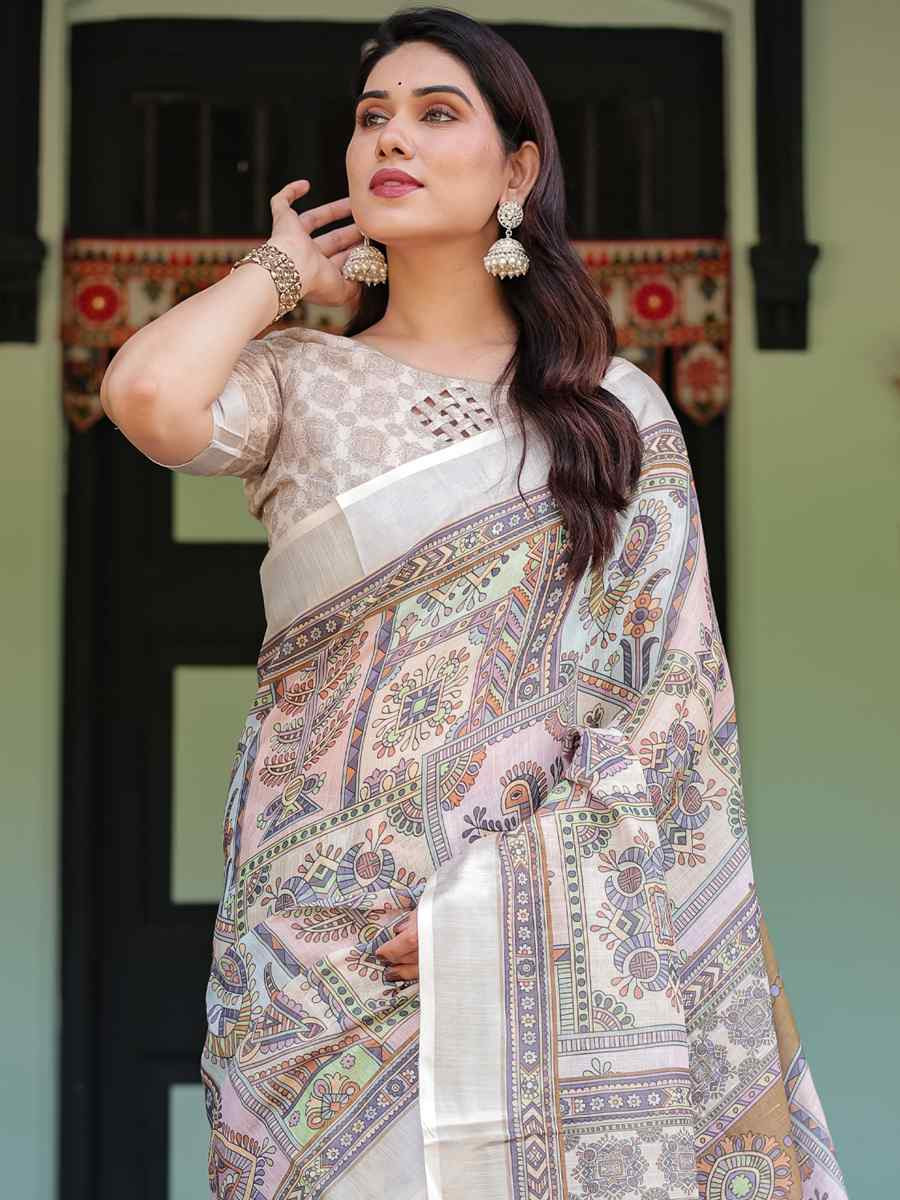 Multi Linen Cotton Printed Festival Wedding Fancy Heavy Border Saree