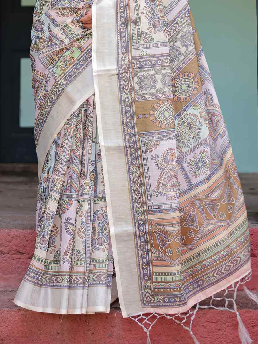 Multi Linen Cotton Printed Festival Wedding Fancy Heavy Border Saree