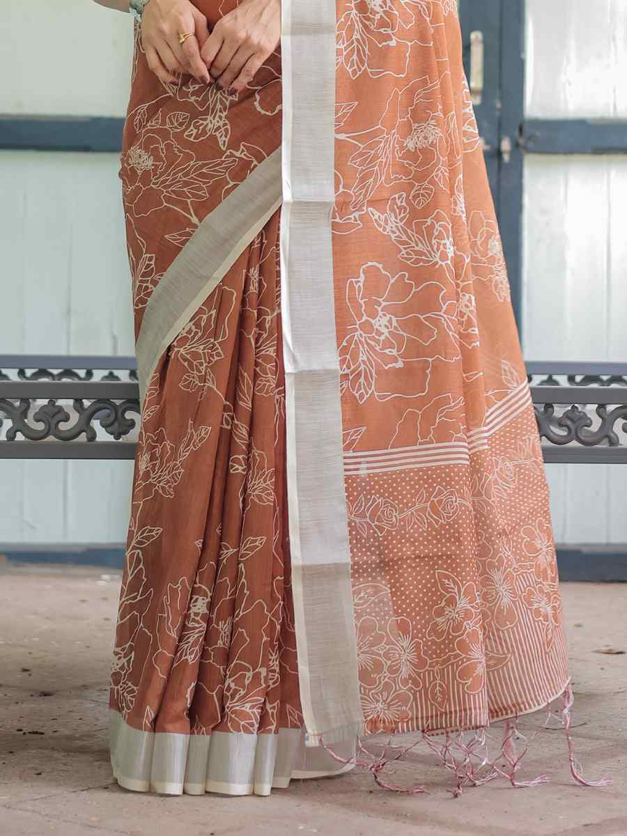 Multi Linen Cotton Printed Festival Wedding Fancy Heavy Border Saree