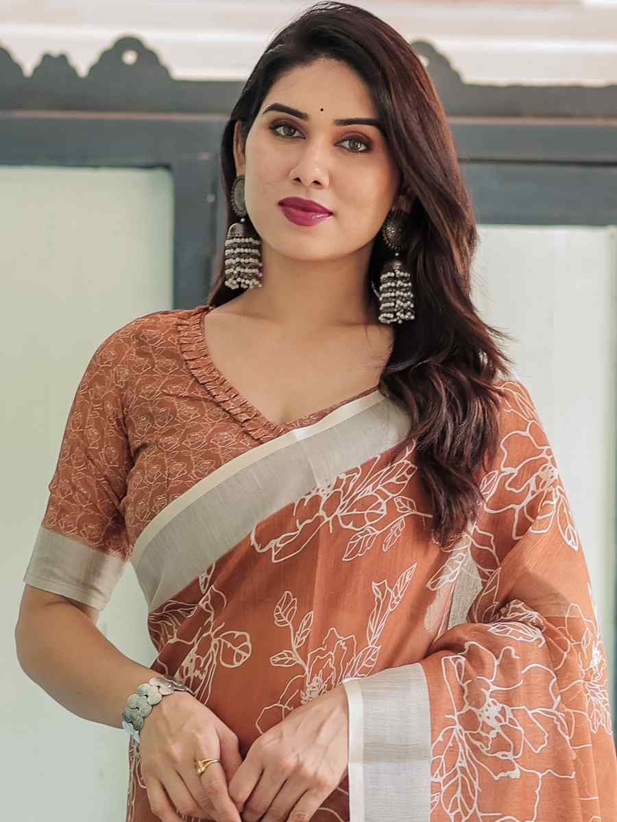 Multi Linen Cotton Printed Festival Wedding Fancy Heavy Border Saree