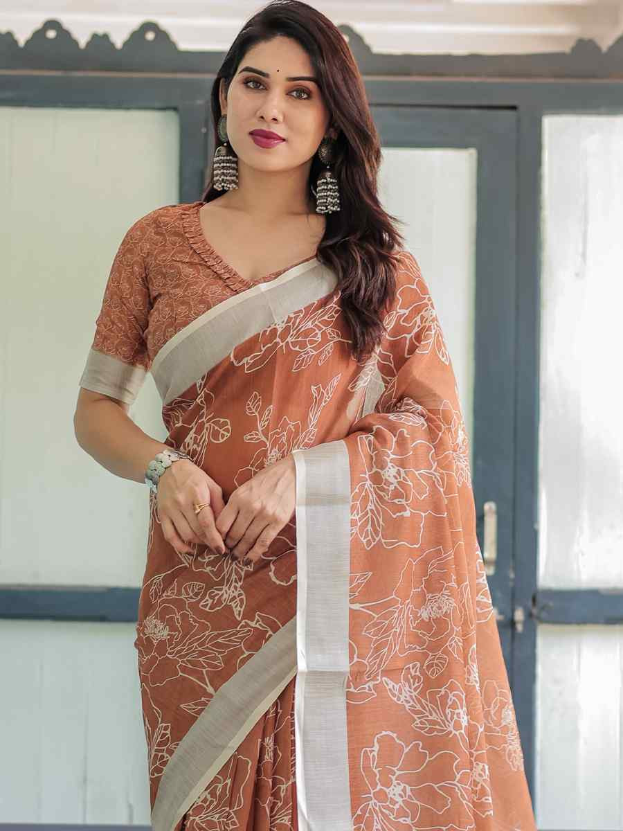 Multi Linen Cotton Printed Festival Wedding Fancy Heavy Border Saree