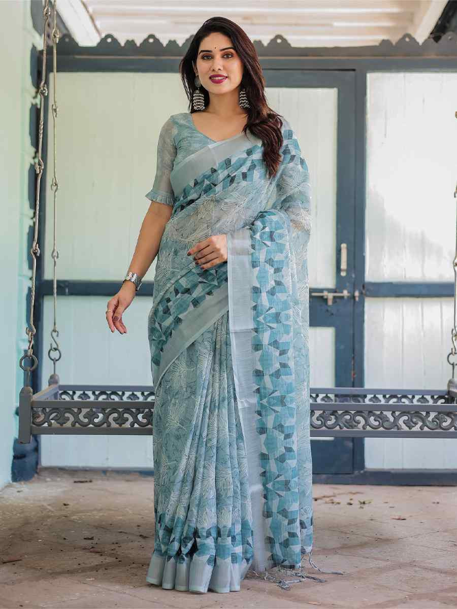 Multi Linen Cotton Printed Festival Wedding Fancy Heavy Border Saree