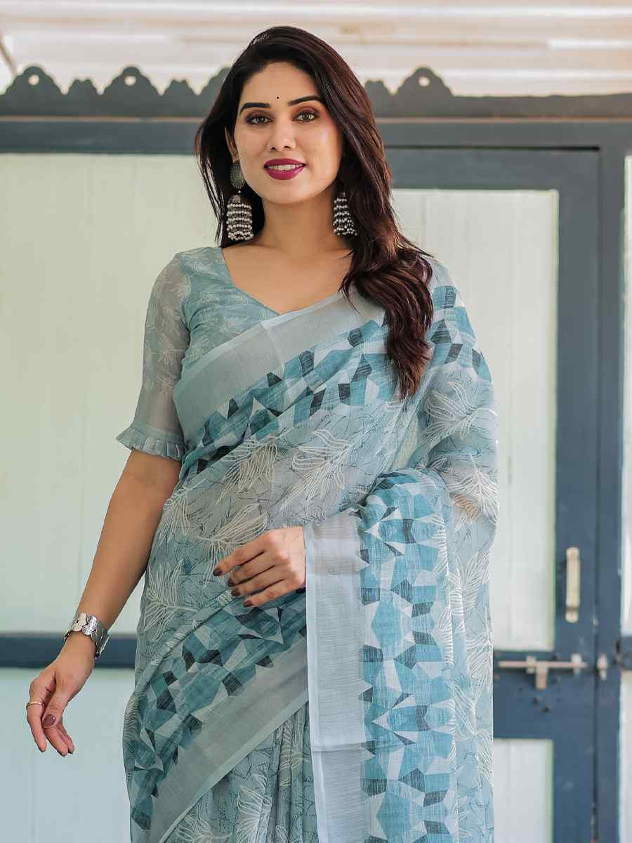 Multi Linen Cotton Printed Festival Wedding Fancy Heavy Border Saree
