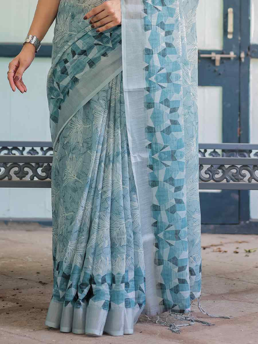 Multi Linen Cotton Printed Festival Wedding Fancy Heavy Border Saree