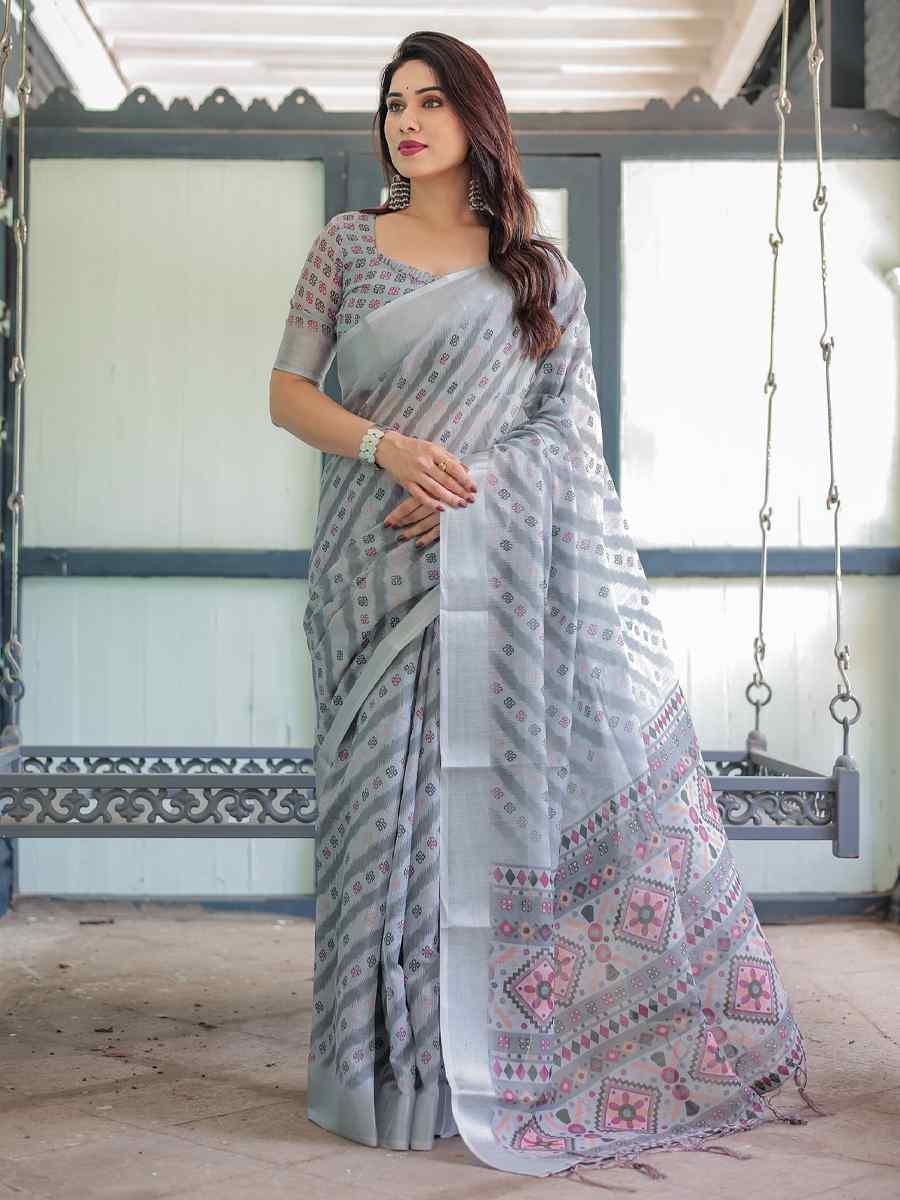 Multi Linen Cotton Printed Festival Wedding Fancy Heavy Border Saree