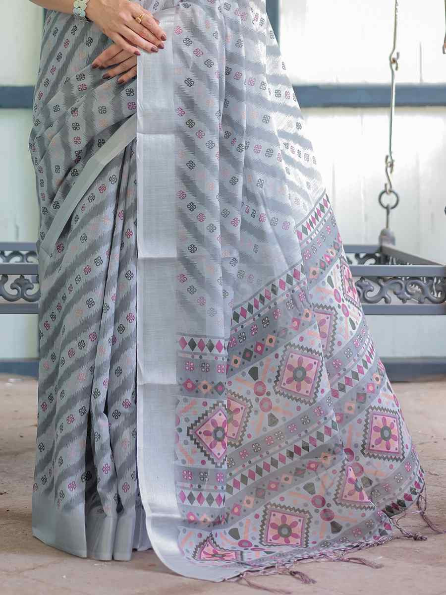 Multi Linen Cotton Printed Festival Wedding Fancy Heavy Border Saree