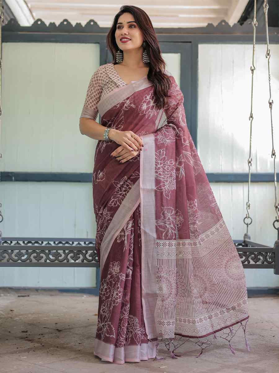 Multi Linen Cotton Printed Festival Wedding Fancy Heavy Border Saree