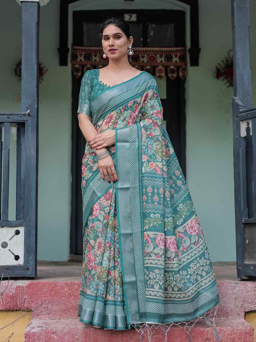 Multi Linen Cotton Printed Festival Wedding Fancy Heavy Border Saree