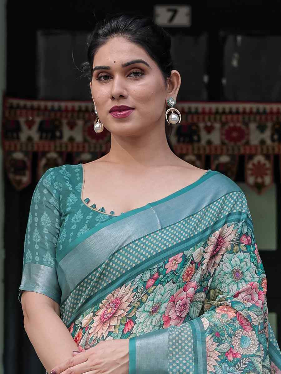 Multi Linen Cotton Printed Festival Wedding Fancy Heavy Border Saree