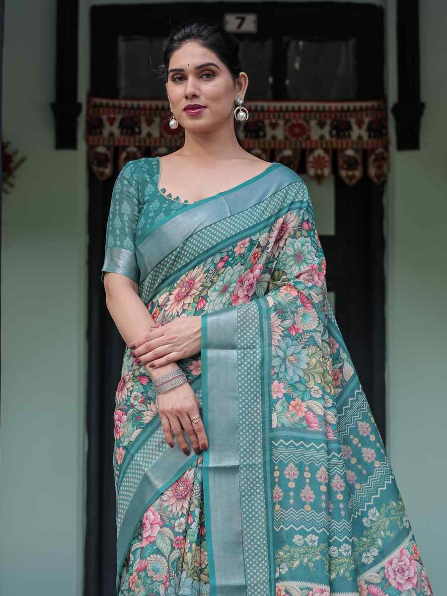 Multi Linen Cotton Printed Festival Wedding Fancy Heavy Border Saree