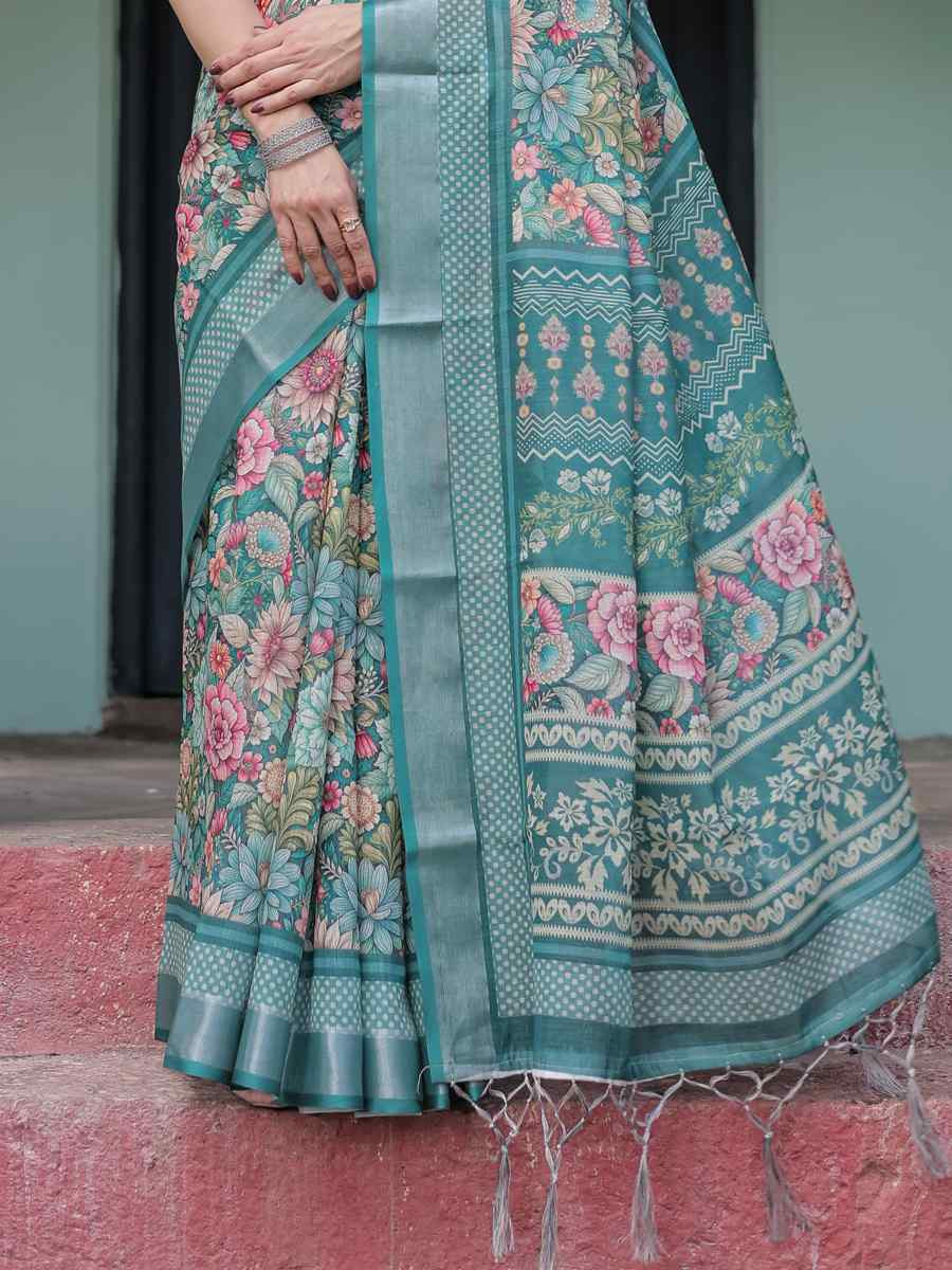 Multi Linen Cotton Printed Festival Wedding Fancy Heavy Border Saree