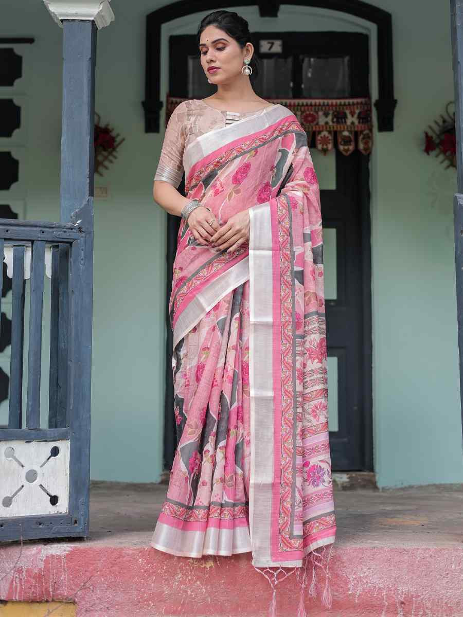 Multi Linen Cotton Printed Festival Wedding Fancy Heavy Border Saree