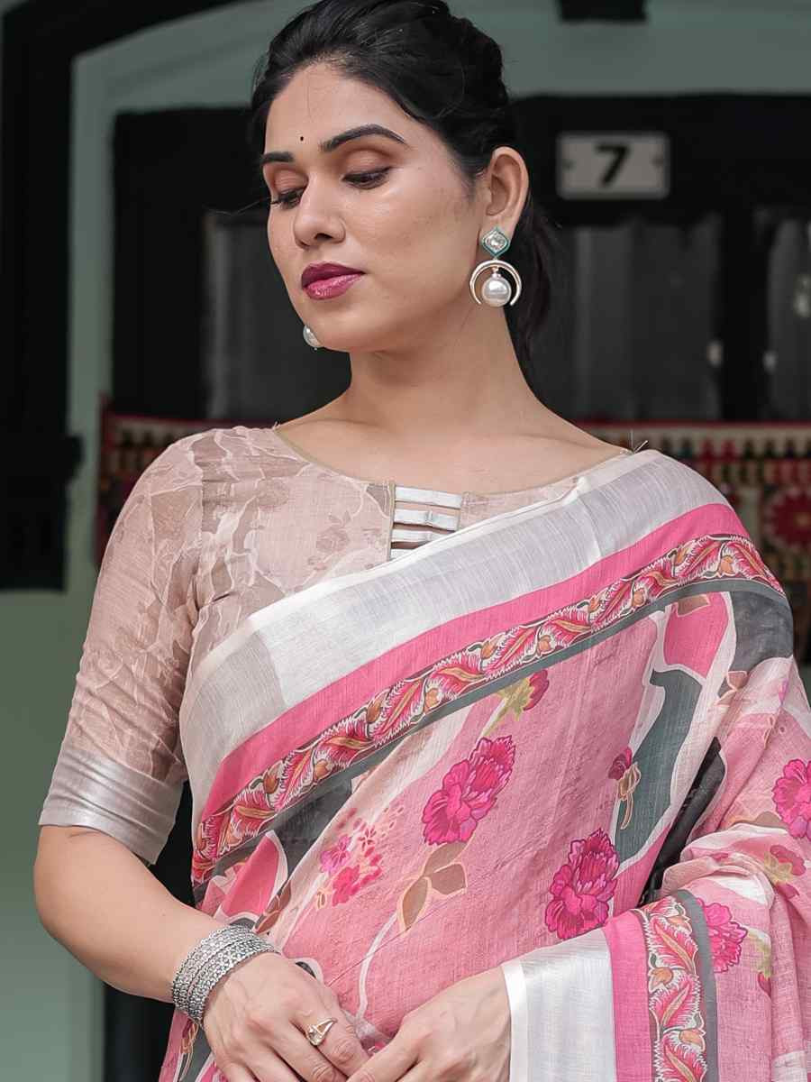 Multi Linen Cotton Printed Festival Wedding Fancy Heavy Border Saree