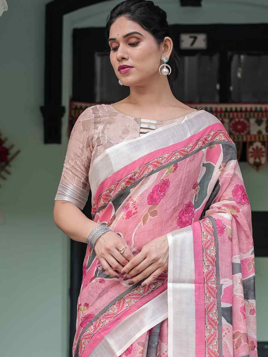 Multi Linen Cotton Printed Festival Wedding Fancy Heavy Border Saree