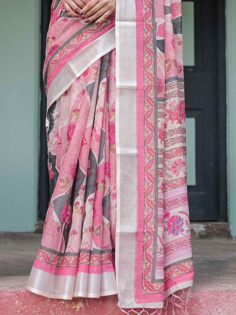 Multi Linen Cotton Printed Festival Wedding Fancy Heavy Border Saree
