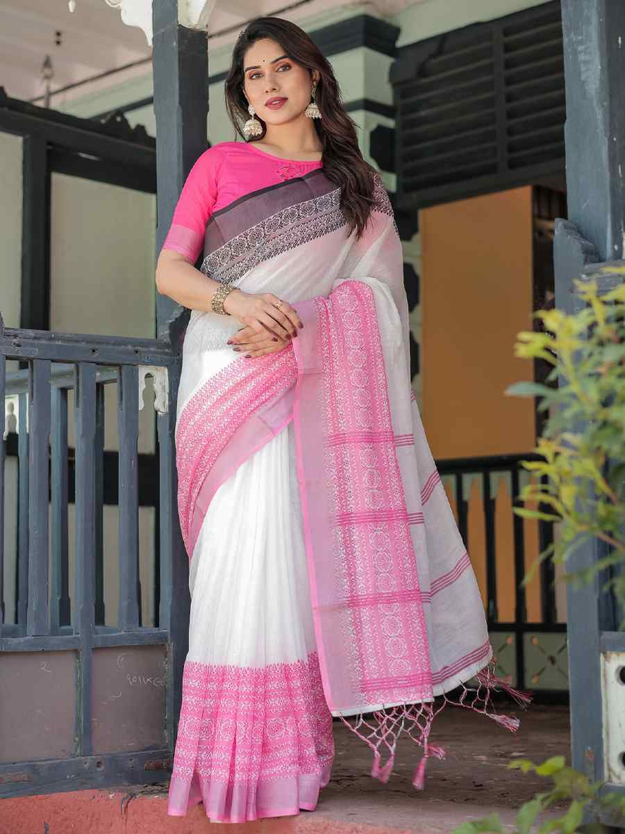 Multi Linen Cotton Printed Festival Wedding Fancy Heavy Border Saree