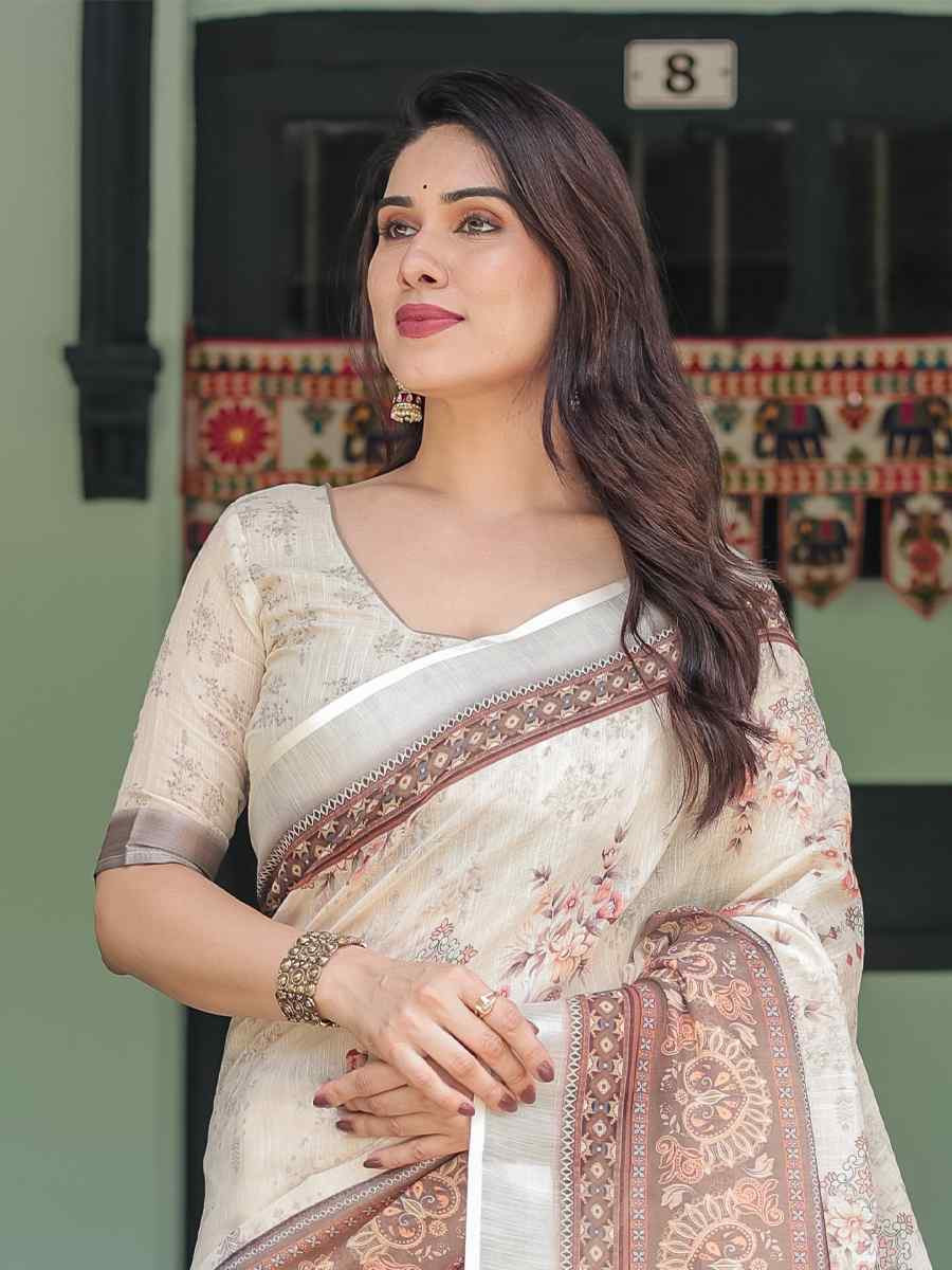 Multi Linen Cotton Printed Festival Wedding Fancy Heavy Border Saree