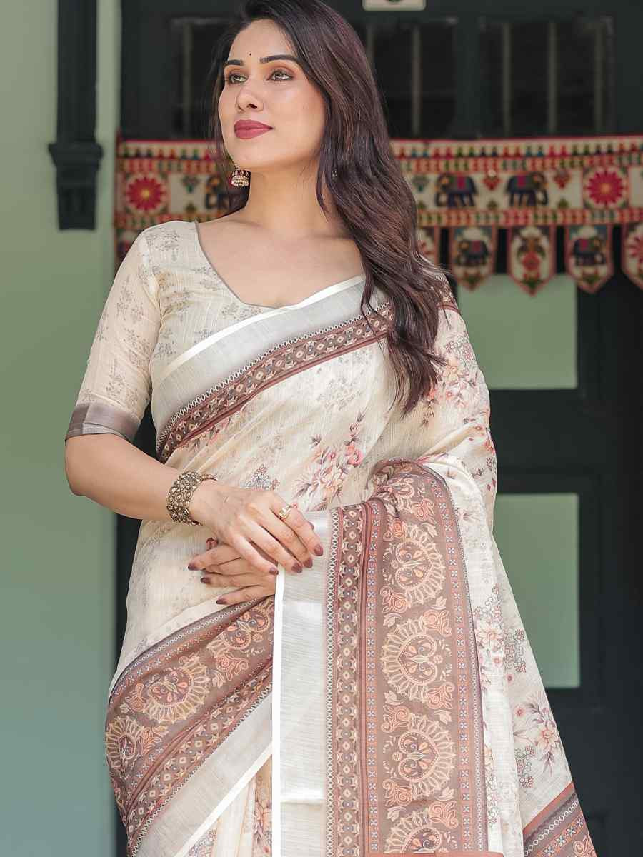 Multi Linen Cotton Printed Festival Wedding Fancy Heavy Border Saree