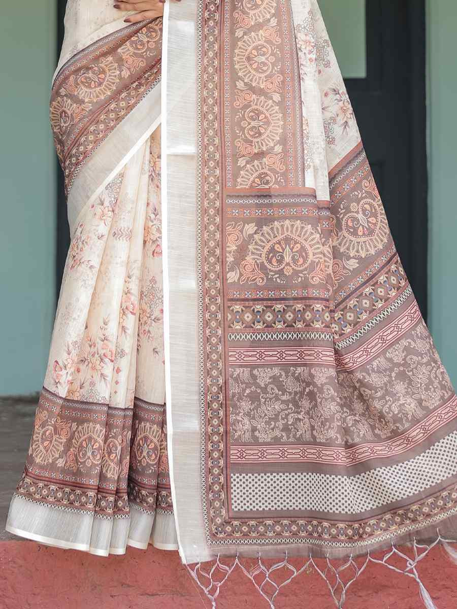 Multi Linen Cotton Printed Festival Wedding Fancy Heavy Border Saree