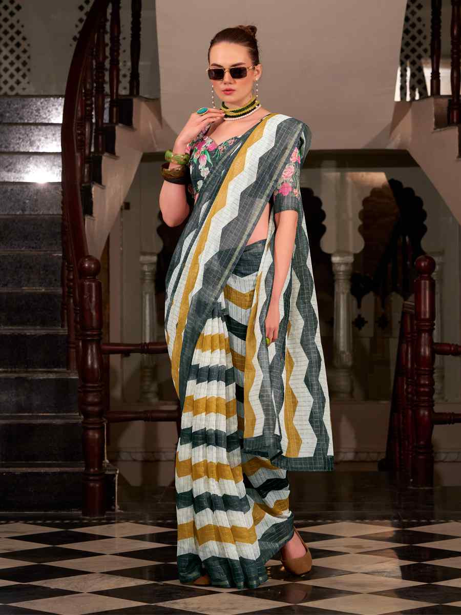 Multi Linen Cotton Silk Printed Festival Casual Heavy Border Saree