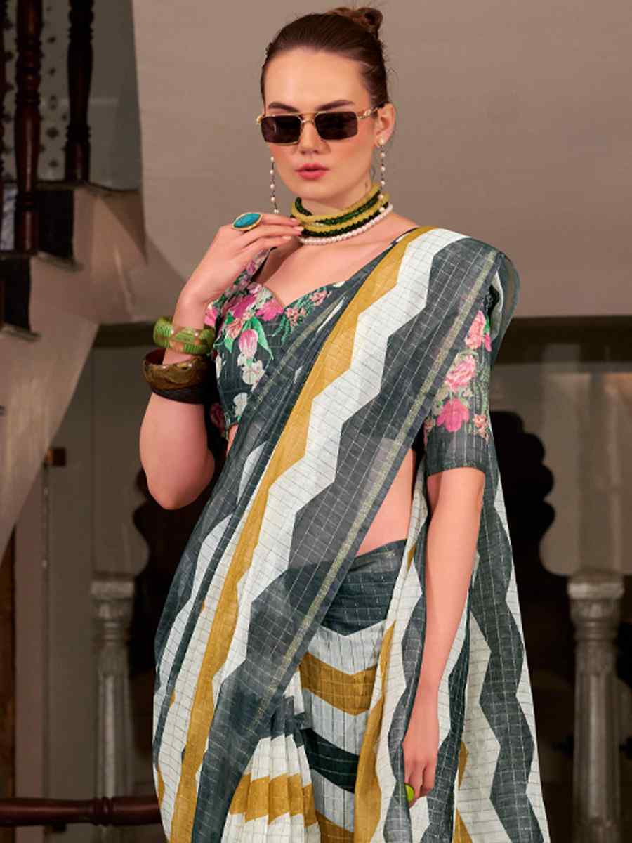Multi Linen Cotton Silk Printed Festival Casual Heavy Border Saree