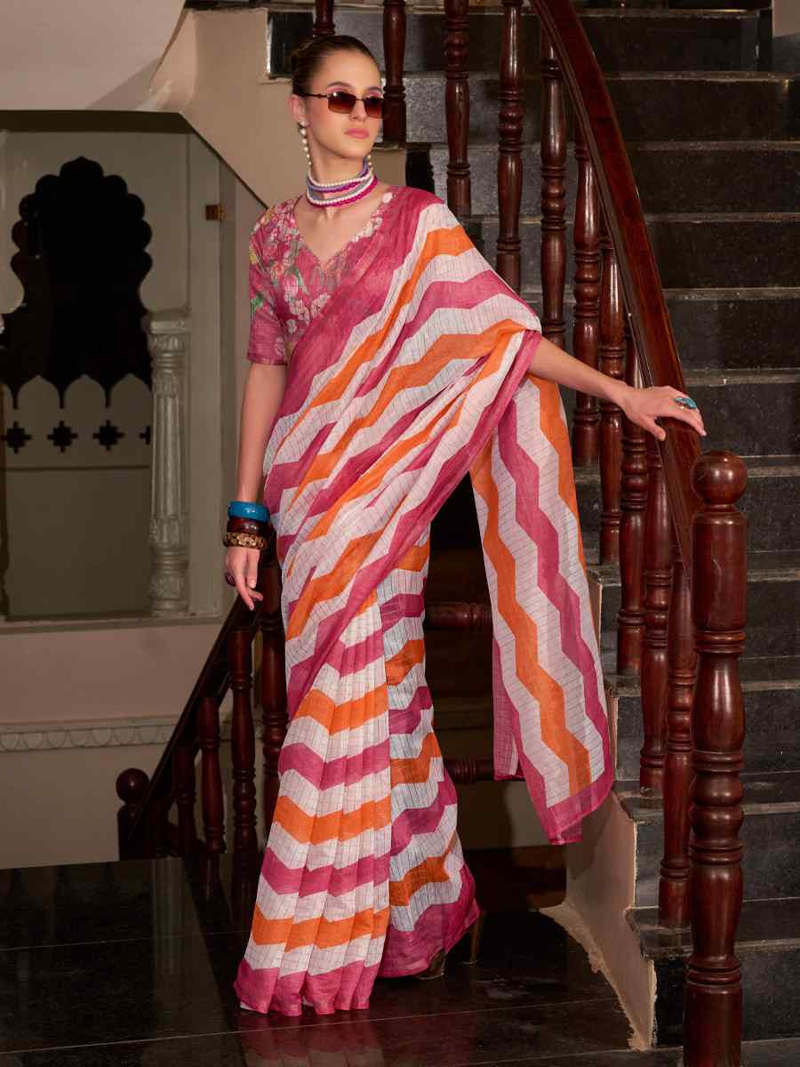 Multi Linen Cotton Silk Printed Festival Casual Heavy Border Saree