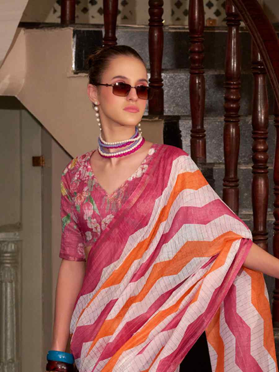 Multi Linen Cotton Silk Printed Festival Casual Heavy Border Saree