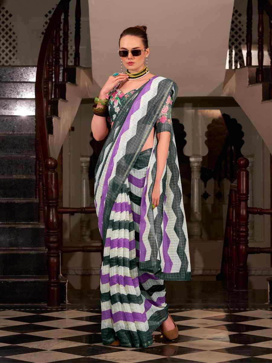 Multi Linen Cotton Silk Printed Festival Casual Heavy Border Saree