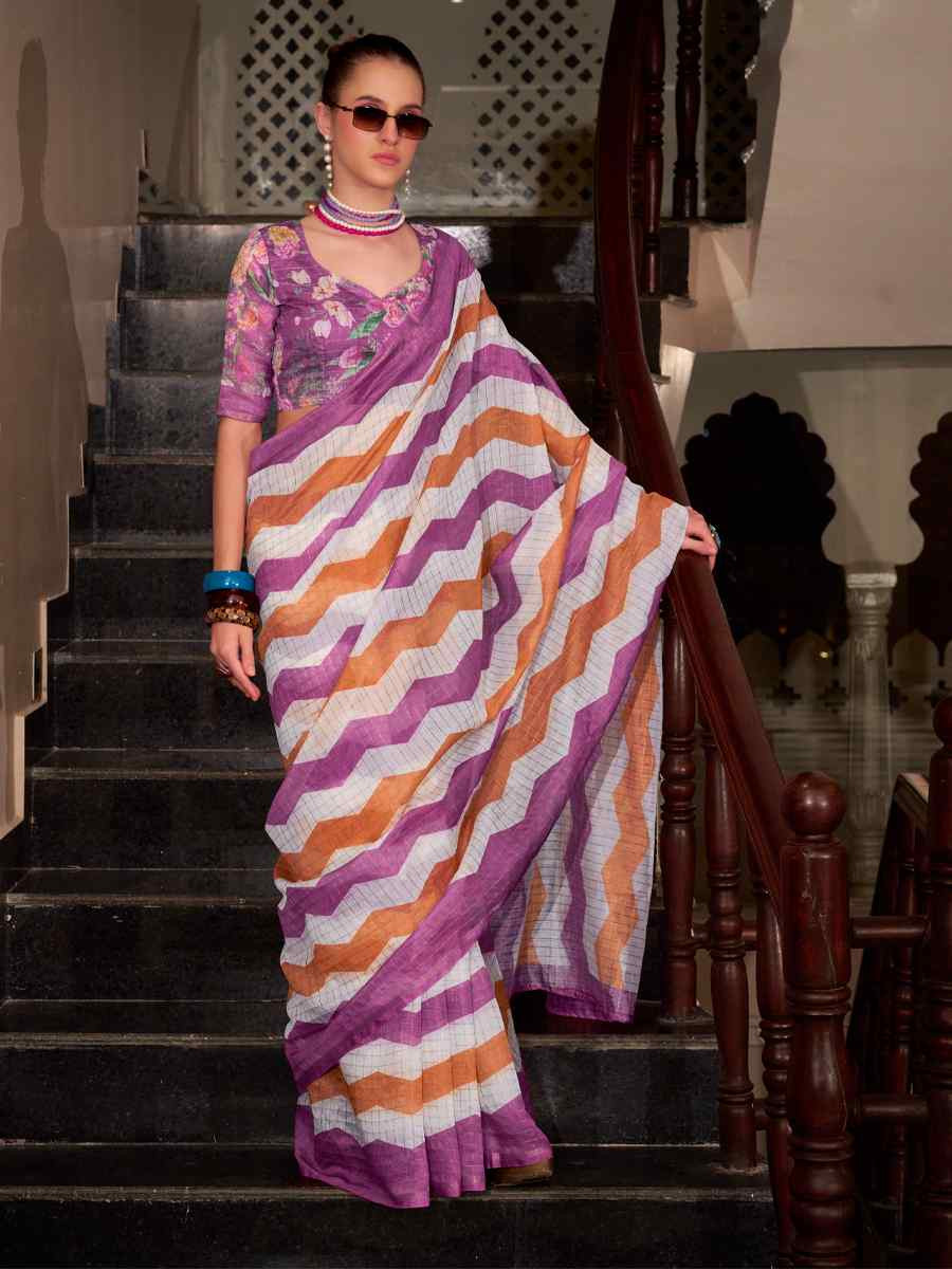 Multi Linen Cotton Silk Printed Festival Casual Heavy Border Saree