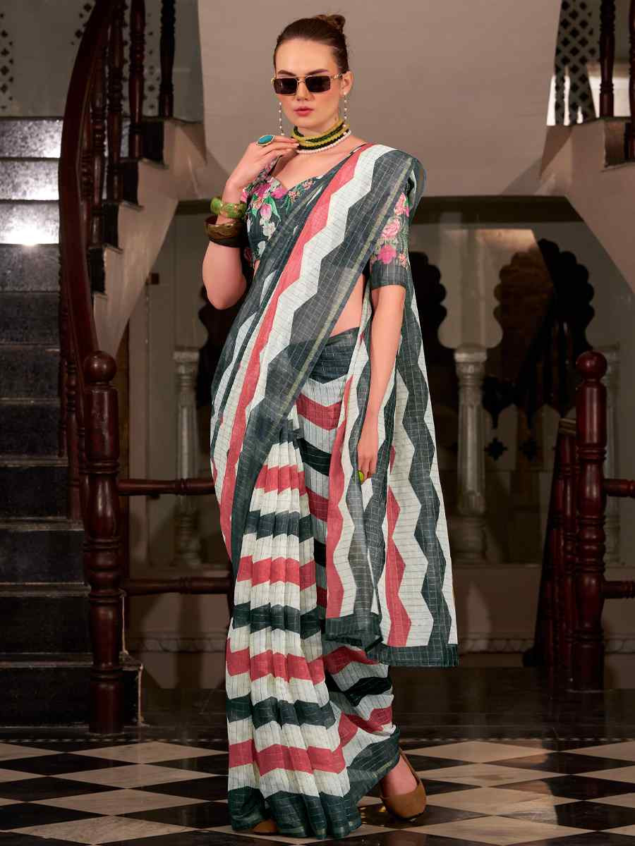 Multi Linen Cotton Silk Printed Festival Casual Heavy Border Saree