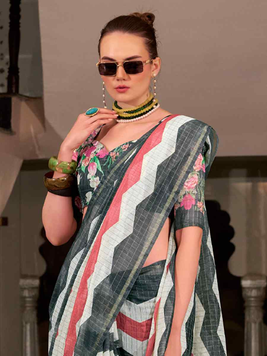 Multi Linen Cotton Silk Printed Festival Casual Heavy Border Saree