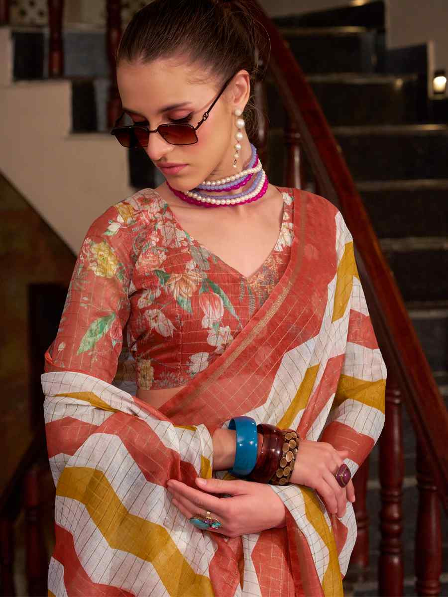 Multi Linen Cotton Silk Printed Festival Casual Heavy Border Saree