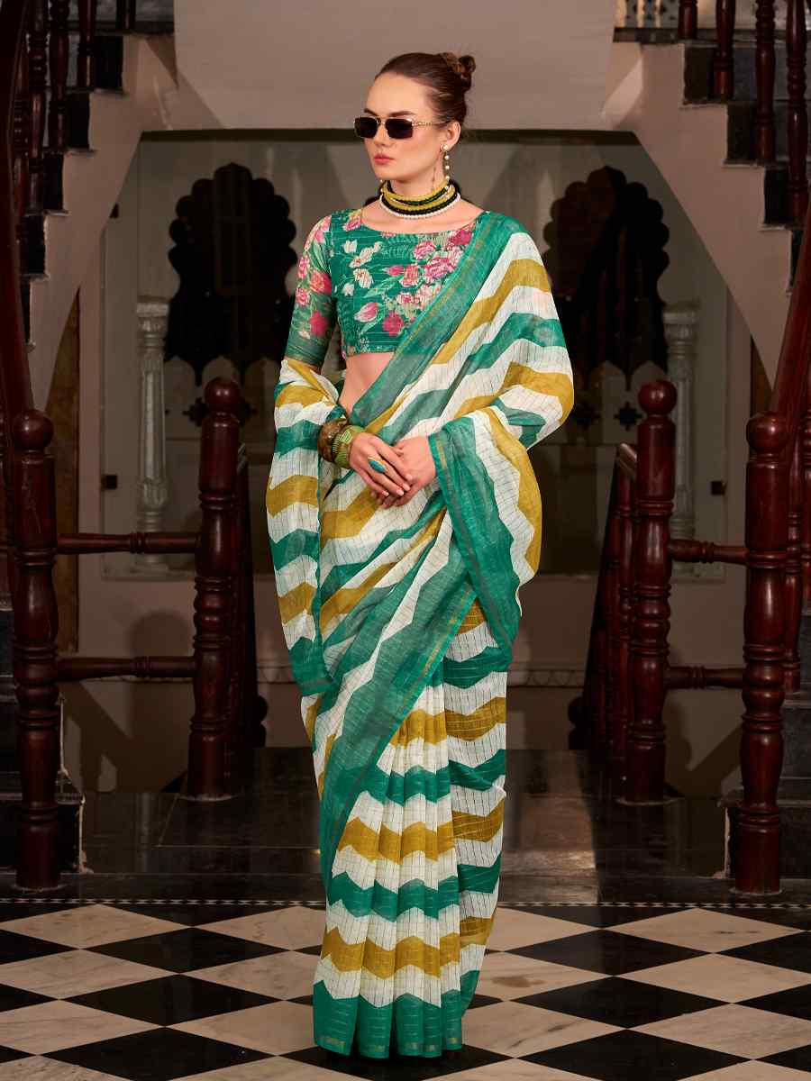 Multi Linen Cotton Silk Printed Festival Casual Heavy Border Saree