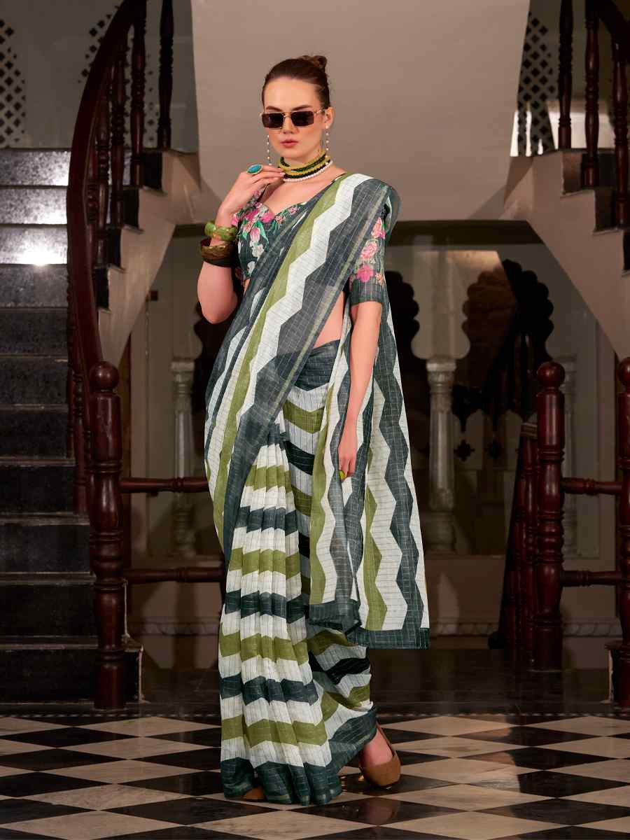 Multi Linen Cotton Silk Printed Festival Casual Heavy Border Saree