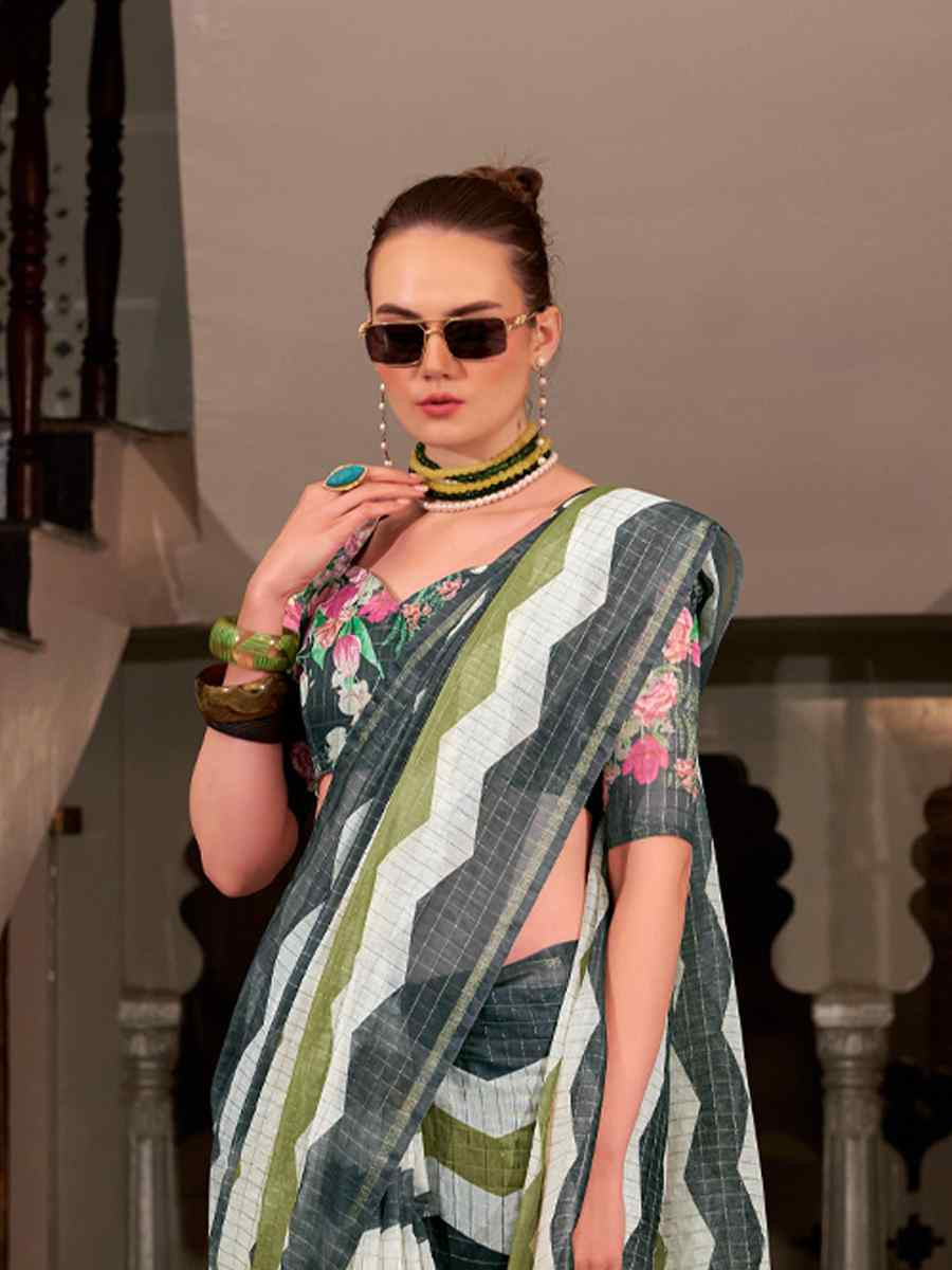 Multi Linen Cotton Silk Printed Festival Casual Heavy Border Saree