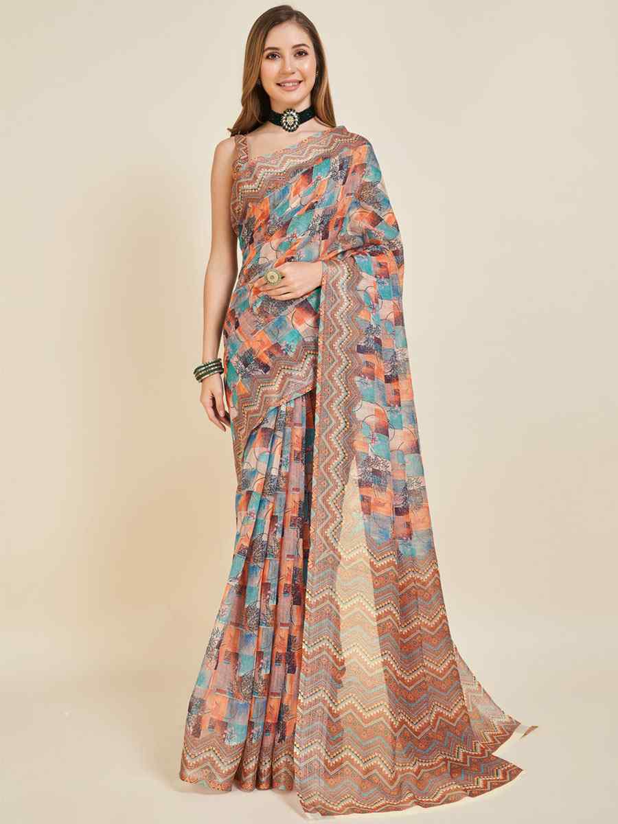 Multi Linen Printed Casual Festival Contemporary Saree