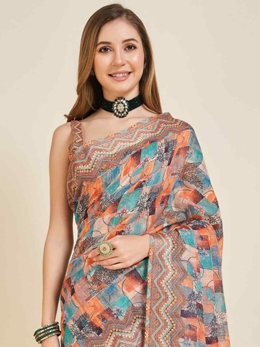 Multi Linen Printed Casual Festival Contemporary Saree