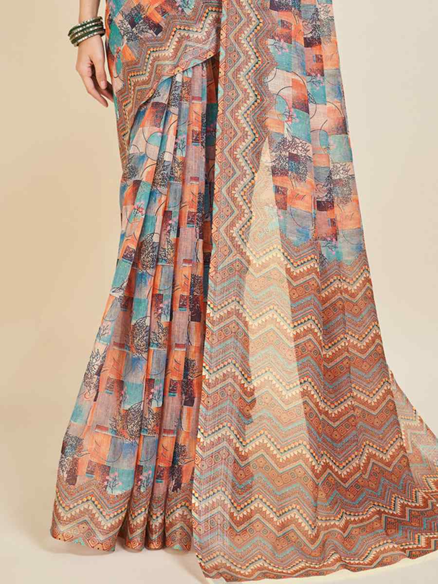 Multi Linen Printed Casual Festival Contemporary Saree
