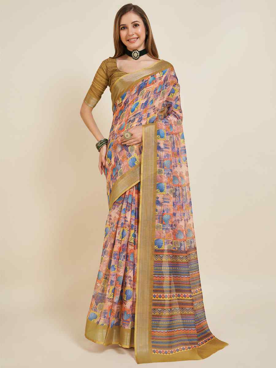 Multi Linen Printed Casual Festival Contemporary Saree