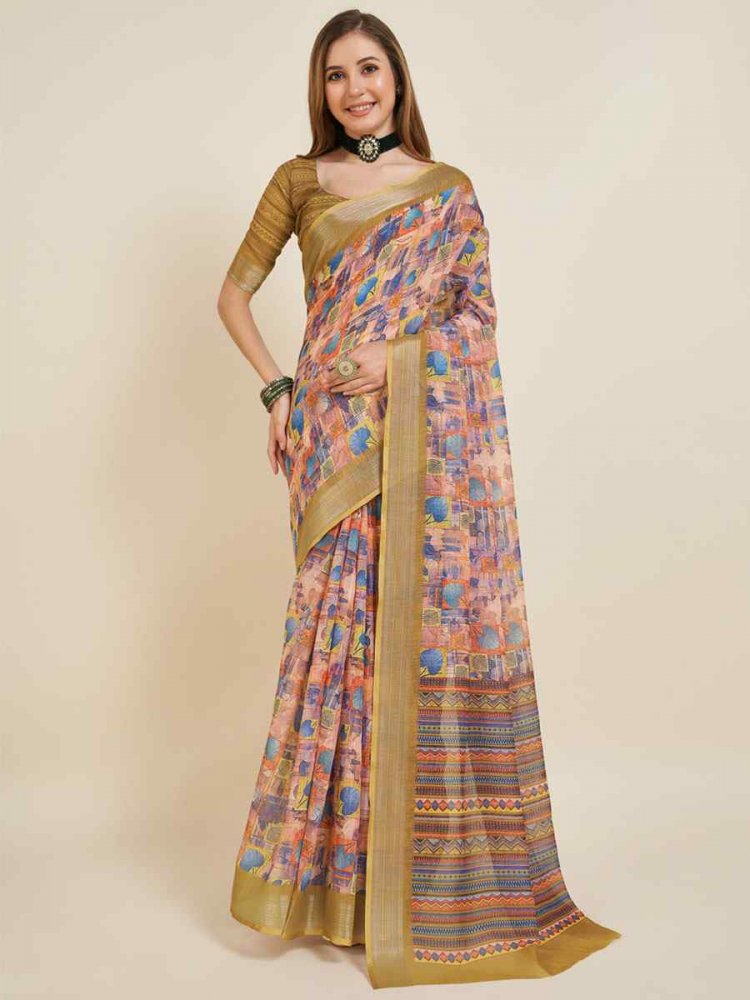 Multi Linen Printed Casual Festival Contemporary Saree