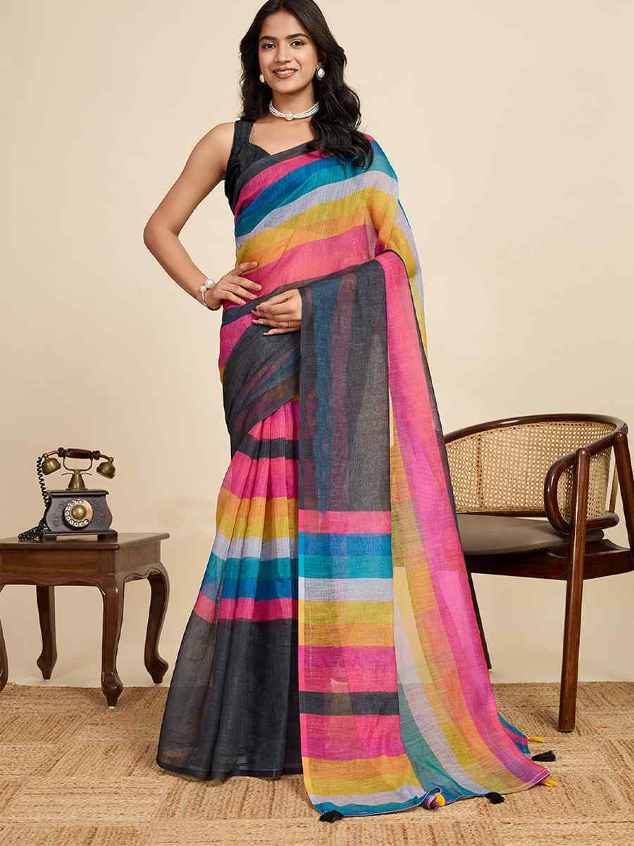 Multi Linen Printed Traditional Casual Fancy Classic Style Sarees