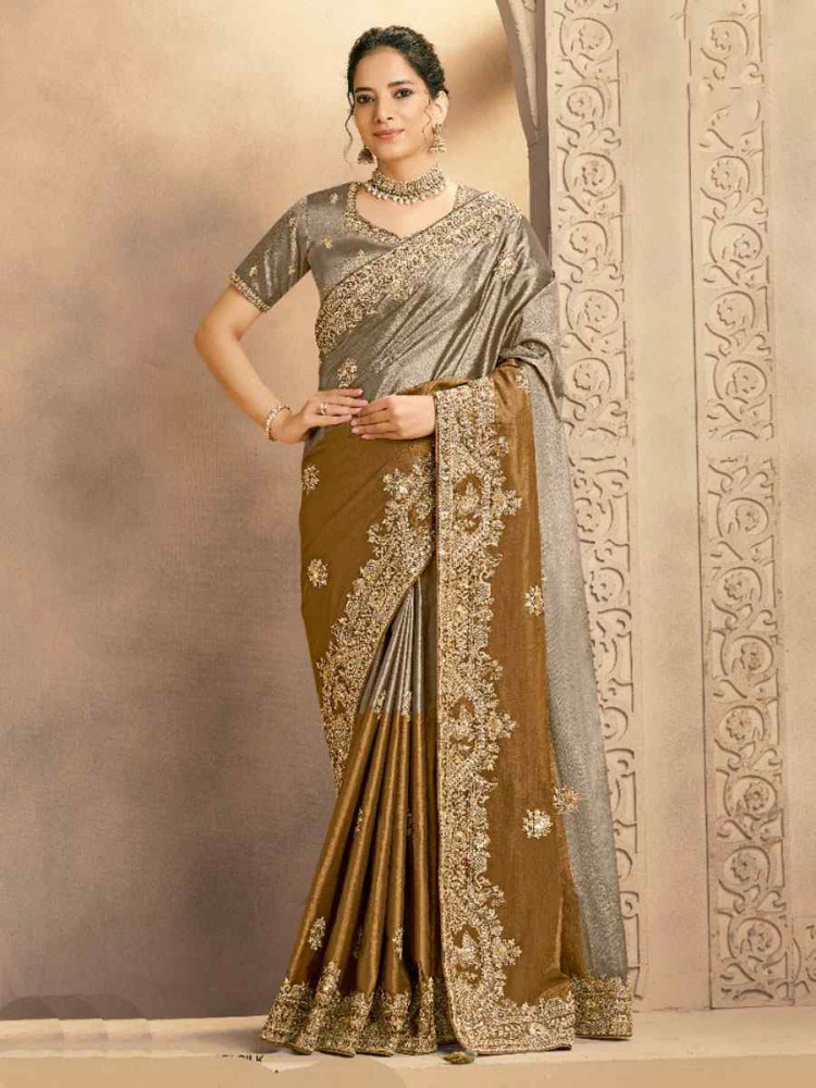 Image of Multi Metallic Kora Zari Silk Embroidery Bridal Reception Party Festival Wedding Fancy Heavy Border Sarees