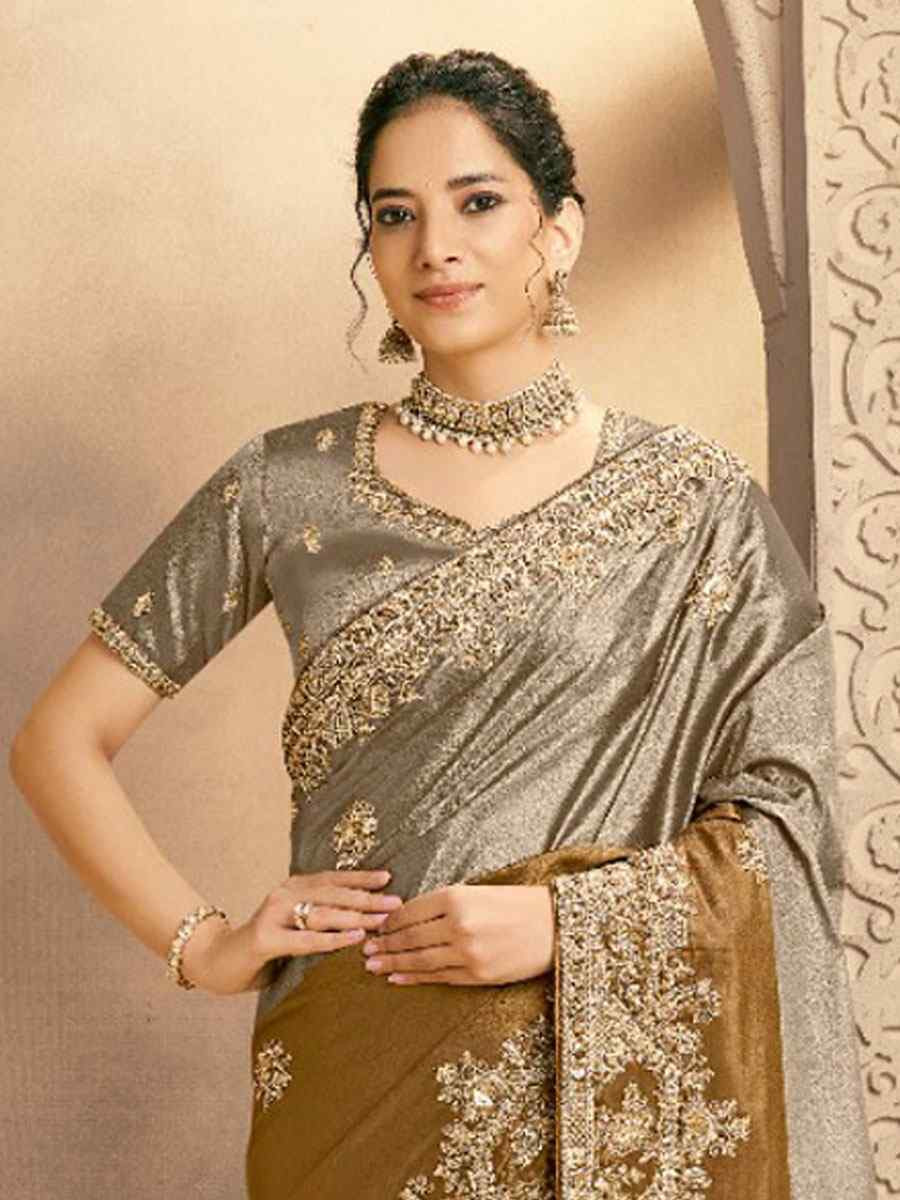 Multi Metallic Kora Zari Silk Embroidery Bridal Reception Party Festival Wedding Fancy Heavy Border Sarees