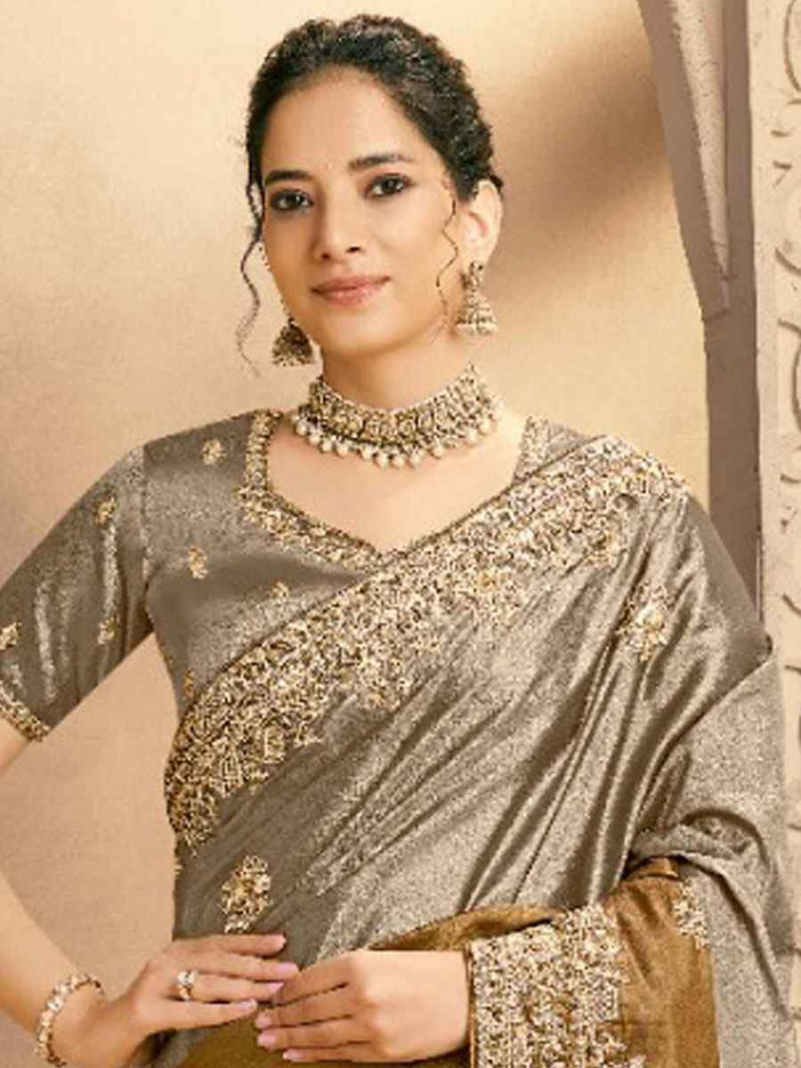 Multi Metallic Kora Zari Silk Embroidery Bridal Reception Party Festival Wedding Fancy Heavy Border Sarees