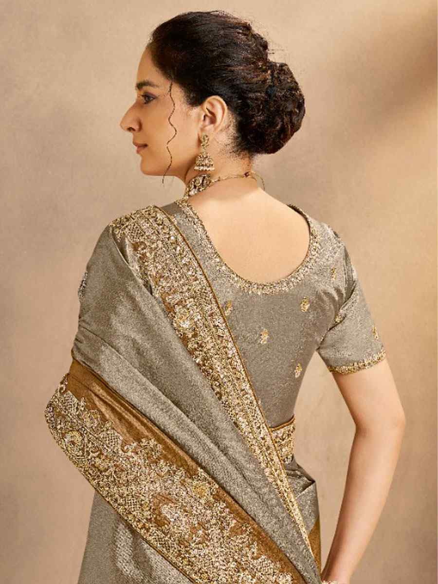 Multi Metallic Kora Zari Silk Embroidery Bridal Reception Party Festival Wedding Fancy Heavy Border Sarees