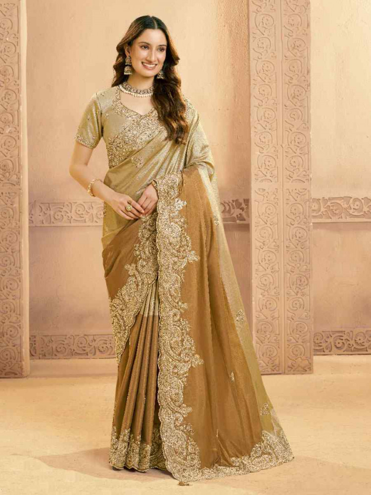 Image of Multi Metallic Kora Zari Silk Embroidery Bridal Reception Party Festival Wedding Fancy Heavy Border Sarees